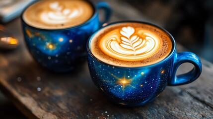 Artistic coffee cups with latte art on a rustic wooden table.