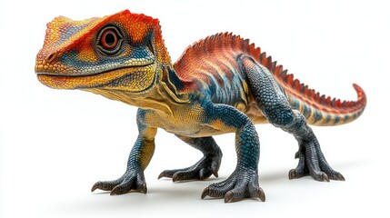 Fototapeta premium Colorful lizard with red, orange, yellow, and blue scales isolated on white.