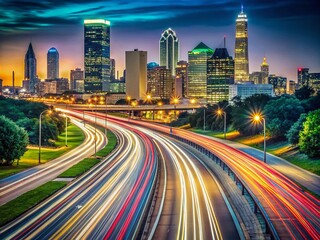 Obraz premium Captivating Long Exposure of Dallas Fort Worth Traffic at Night Showcasing Luminous Trails and City Lights for Urban Photography Enthusiasts and Travel Buffs