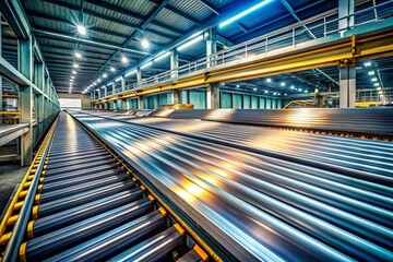 Fototapeta premium Captivating Long Exposure of Sheet Metal Movement on Conveyor Belt in Industrial Metalworking Process: A Glimpse into Automation and Precision Engineering
