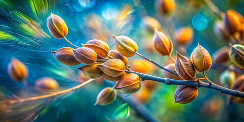 Captivating Long Exposure of Tree Seed Pods Suspended in Time, Showcasing Their Unique Textures and Natural Beauty Against a Gentle Background of Softly Blurred Leaves