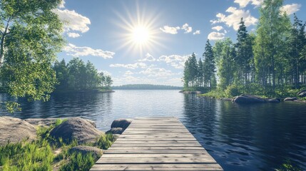 Traditional Finnish and Scandinavian view. Beautiful lake on a summer day and an old rustic wooden dock or pier in Finland. Sun shining on forest and woods in blue sky.
