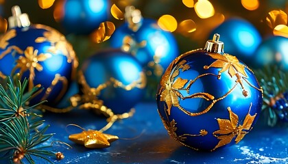 Christmas ornament display holiday home decor festive environment close-up view blue and gold theme for seasonal celebrations