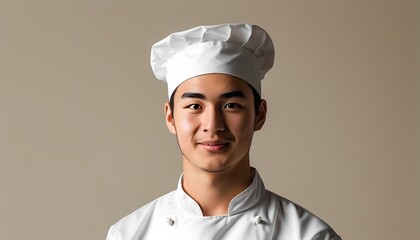 Culinary skills showcase young chef in professional attire kitchen studio portrait photography neutral background passion for cooking