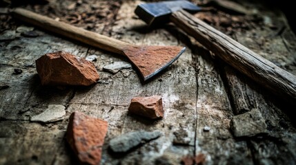 Close-up of ancient stone tools, sharp flint knives, and polished axes on a weathered wooden surface, symbolizing prehistoric craftsmanship and the dawn of human ingenuity.