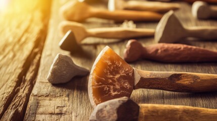 Close-up of ancient stone tools, sharp flint knives, and polished axes on a weathered wooden surface, symbolizing prehistoric craftsmanship and the dawn of human ingenuity