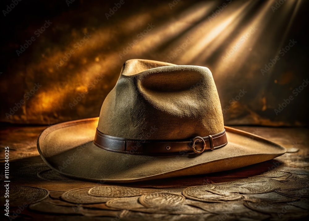 Poster captivating low light photography of an aussie slouch hat against a darkened background, emphasizing