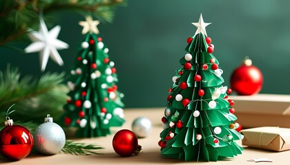 Festive holiday decoration home craft display indoor close-up christmas spirit with diy paper trees and ornaments