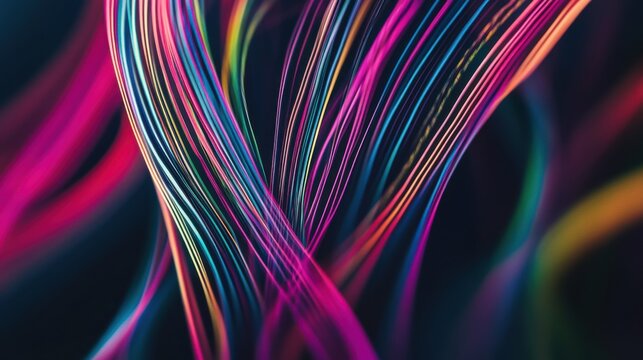 An abstract visualization of multicolored lines weaving together to form a cohesive, intricate pattern on a dark surface, Symbolizing the complex but unified interaction of diverse ideas