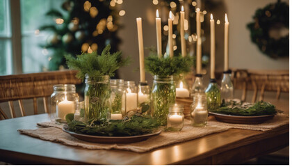 A kitchen table set for the holidays, featuring bamboo plates, recycled glassware, and centerpieces made of greenery and candles in mason jars.