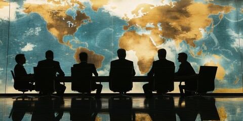Global Business Strategy Meeting Silhouettes Against World Map Background