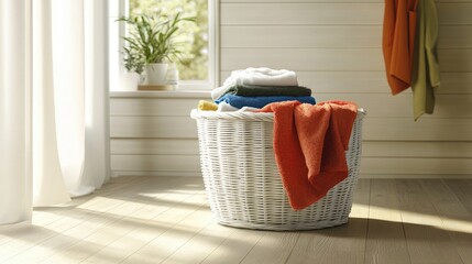A white laundry basket filled with colorful clothes and towels, set on a wooden floor near a window