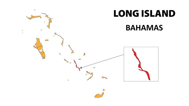 Long Island Map is highlighted on the Bahamas map with detailed state and region outlines.