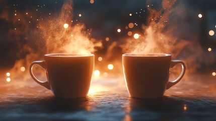 Obraz premium Two steaming cups of coffee emitting warm, inviting steam.