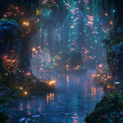 Dreamlike Floating Garden with Colorful Lights in a Mystic Cave