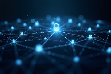Obraz premium A glowing padlock icon surrounded by a network of interconnected nodes, symbolizing the importance of cybersecurity and data protection in the digital age.