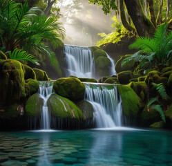 A beautiful landscape of a waterfall in a tropical forest.