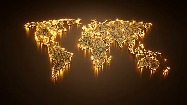 Dynamic digital world map with animated currency symbols illustrating global finance trends