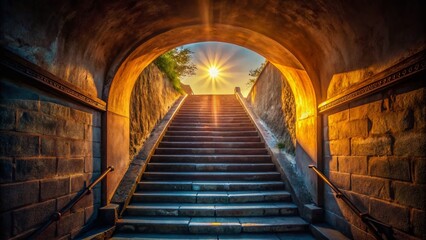 Fototapeta premium Captivating Low Light Photography of Summer Sunlight Illuminating Steep Stairs at the End of a Dark Tunnel, Creating a Mystical Atmosphere and Inviting Exploration