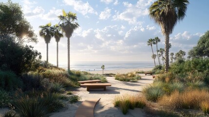 Fototapeta premium Serene Coastal Landscape with Palm Trees and Sand Pathway