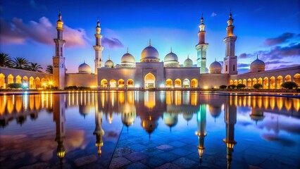 Naklejka premium Captivating Low Light Photography of the Grand Mosque in Saudi Arabia Showcasing Majestic Architecture and Serene Atmosphere During Nighttime Illuminations and Reflections