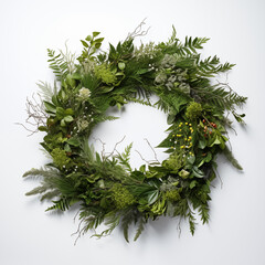 Beautifully crafted, greenery wreath, white background, natural arrangement, loose vines and leaves, free-form shape, modern style, vibrant greens