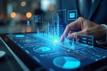 A person's hand using a tablet with a vibrant display of data visualizations