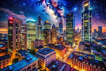 Captivating Low Light Photography of Urban Nightscape on 18th of July, Showcasing Illuminated Architecture, Starry Sky, and City Vibes in a Stunning Atmosphere