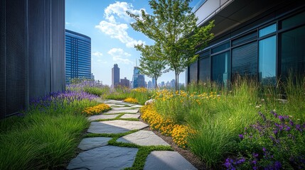 Fototapeta premium Urban Green Space with Stone Pathway and Flowers