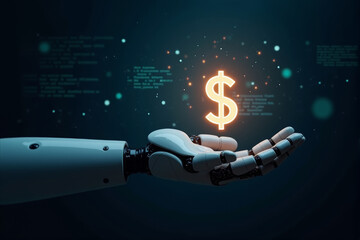 A robotic hand holding a glowing dollar sign, symbolizing the increasing role of automation and artificial intelligence in the financial industry.