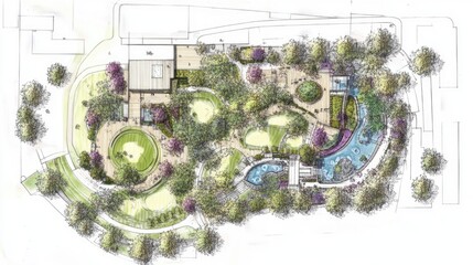 Garden Landscape Design Plan with Water Features