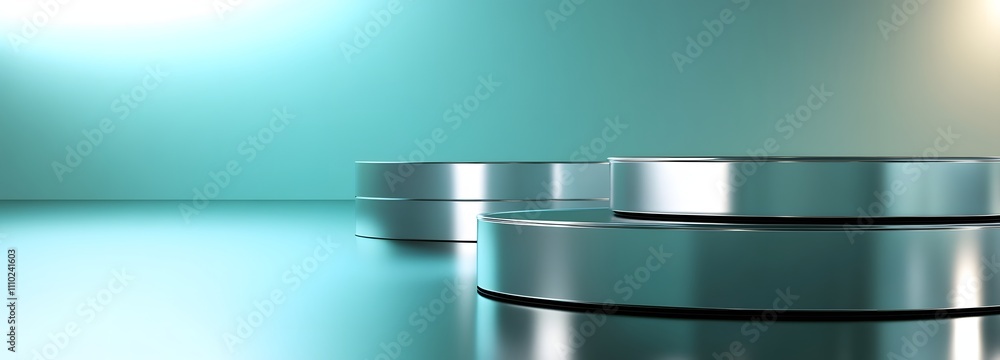 Poster shiny chrome podium, illuminated by warm light, with a soft mint green background creating an ideal 