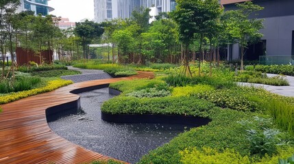 Fototapeta premium Vibrant Urban Garden with Water Features and Pathways