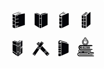 Book icons, black and white textbook symbol, education pictogram, minimal bookstore logo