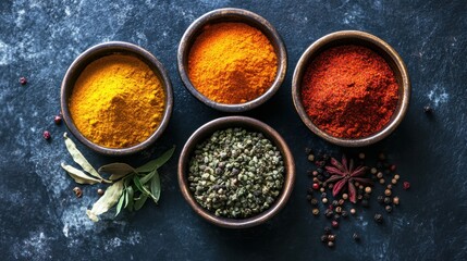 An assortment of colorful spices in separate bowls, symbolizing the diversity of flavors and cultures, minimalistic photography style