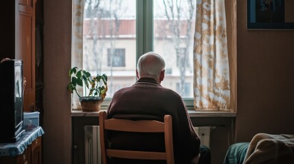 An elderly person alone in a small, cluttered apartment, showcasing the issue of elder loneliness and isolation