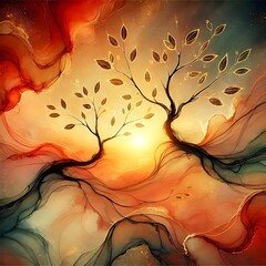 Artistic depiction of two intertwining trees with roots and branches, set against a swirling, vibrant background of red, orange, yellow, and blue, symbolizing unity and connection