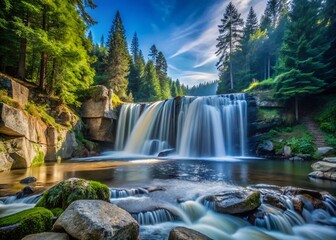 Obraz premium Captivating Minimalist Photography of the Wild Waterfall on the Omnica River Surrounded by Lush Greenery in Karpacz, Poland, Showcasing the Serene Beauty of Nature's Untamed Splendor