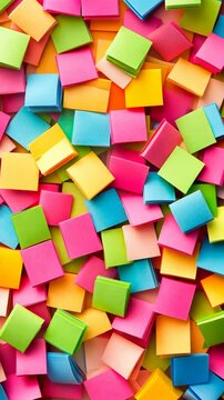 Colorful sticky notes in various shades scattered across a surface create a vibrant and playful atmosphere