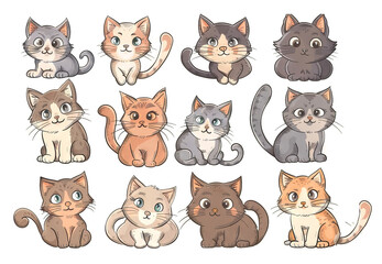 Obraz premium Cute Cats Set, Pet Animal Symbols, Hand Drawn Cat Icons Silhouettes, Funny Kitten Character Drawings