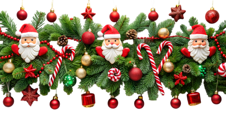 Red and Gold Christmas Garland Decoration with Santa Claus on transparent background png cutout
