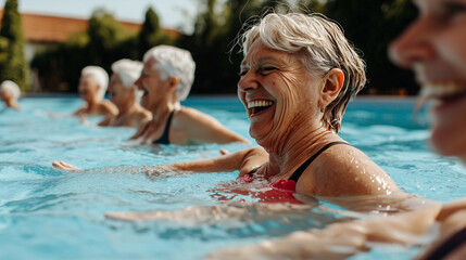 Fototapeta premium Energetic Senior Women Enjoying Water Aerobics