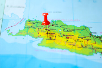 A Red Push Pin Marks Bogor on a Detailed Map of West Java Indonesia, Showing Surrounding Cities and Roads