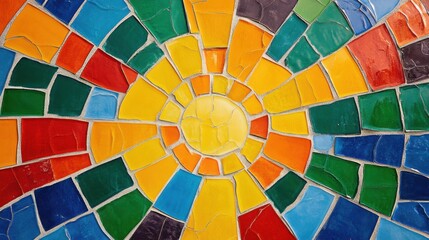 Obraz premium An evocative depiction of a mosaic of multi-colored abstract tiles forming a radiant, interconnected design on a smooth surface