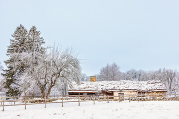 Old croft with thatched roof in a wintry country landscape © Lars Johansson