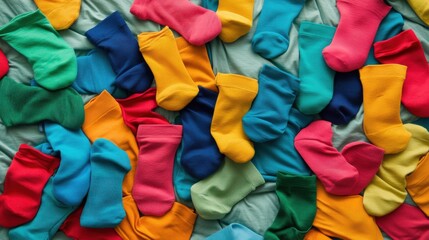 Pile of colorful socks on a bed. The socks are of different colors and sizes, creating a vibrant and lively scene. Concept of warmth and comfort