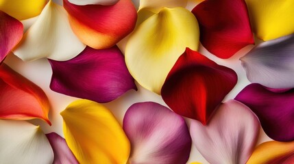 An evocative depiction of a variety of colorful abstract petals arranged in a radiant, harmonious flower pattern on a soft surface