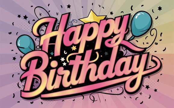 Vibrant Happy Birthday Card Design, Festive Lettering with Balloons and Stars - Powered by Adobe