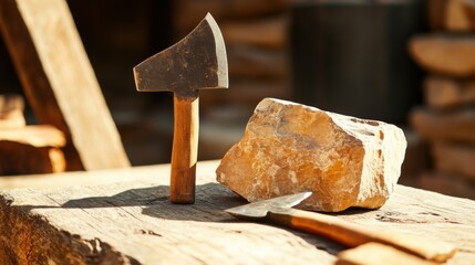 Close-up of ancient stone tools, sharp flint knives, and polished axes on a weathered wooden surface, symbolizing prehistoric craftsmanship and the dawn of human ingenuity