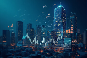 Obraz premium A futuristic cityscape with a glowing upward arrow rising from the skyline